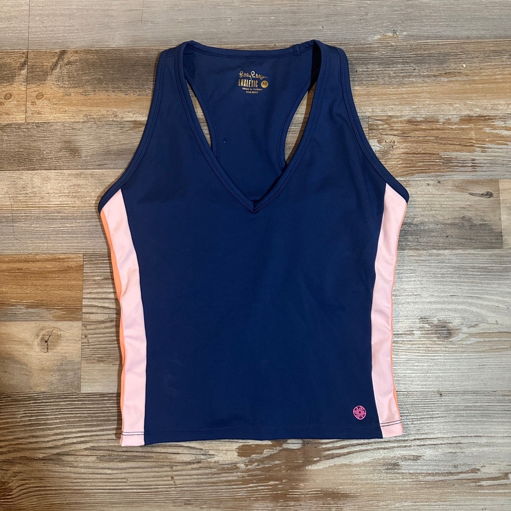 Lilly Pulitzer Luxletic Navy Pink Orange Stripe Racerback Tank Top Medium
